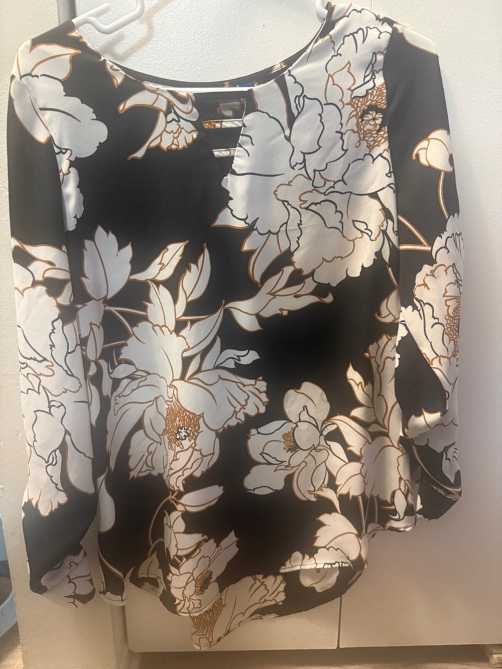 Apt. 9 Black Floral Blouse with White & Brownish-Gold Accents